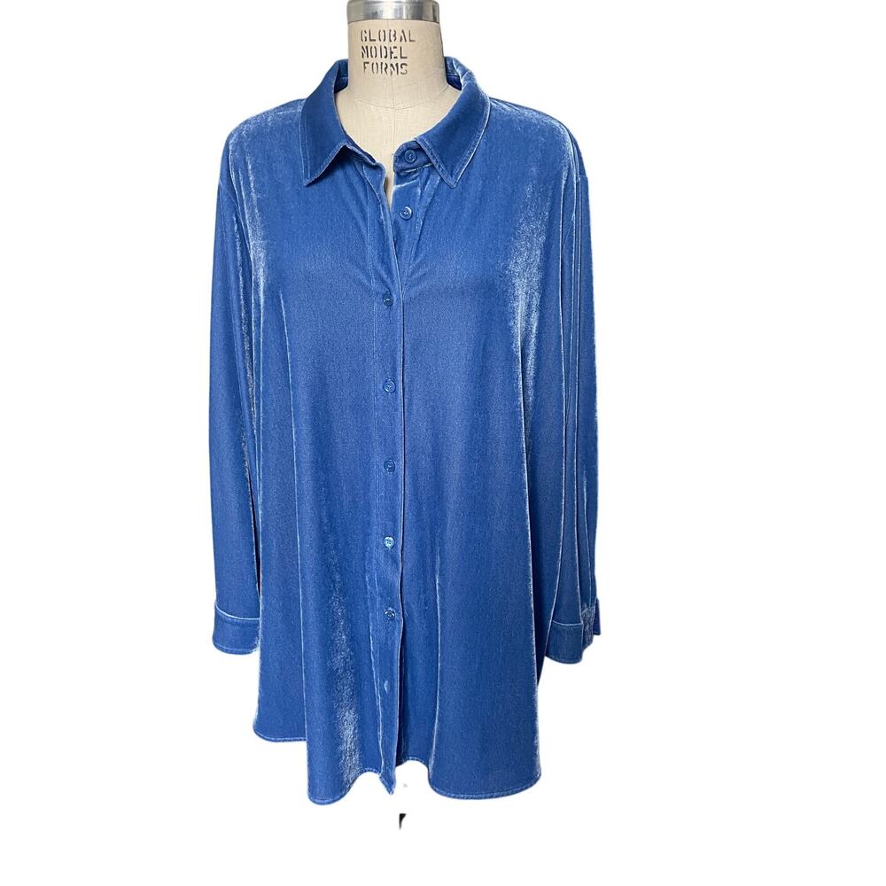Soft Surroundings Velvet Oversized Button Down Shirt Women’s Size XL Sky Blue